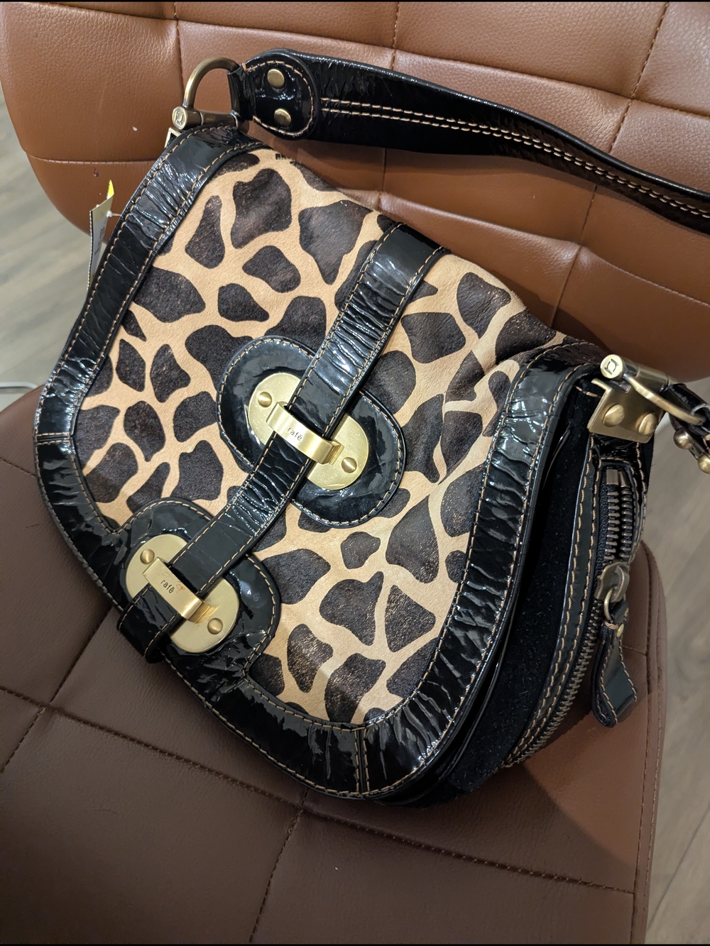 Leopard Print Shoulder Bag with Black Patent Trim